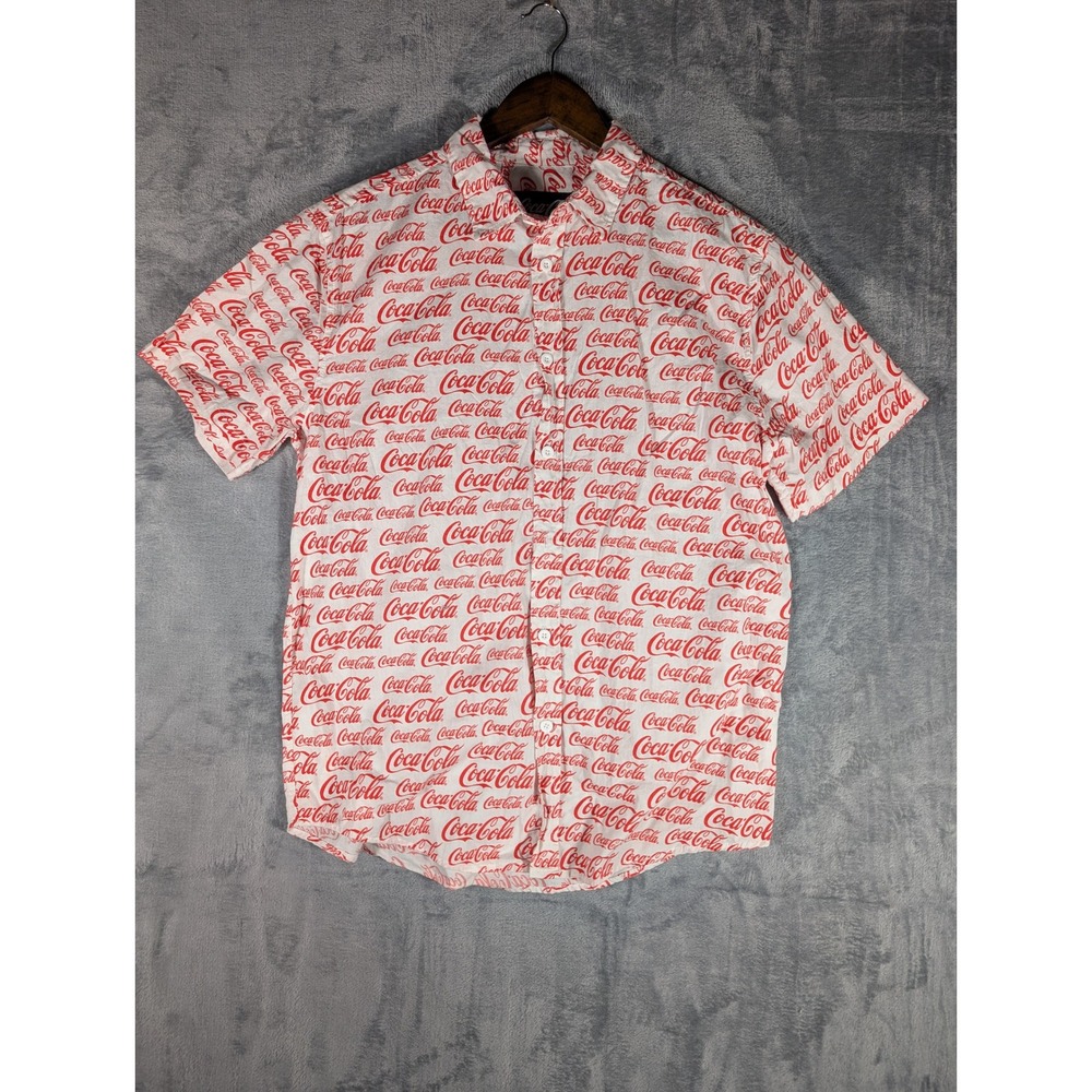 Coca-Cola Mens Short Sleeve Button Down Shirt All Over Logo Print White Red L